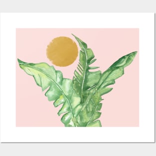 Tropical Banana Leaves And Sun On Pink Background Posters and Art